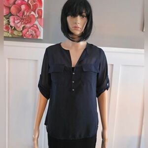 3/25$ Rezult Navy Blue Sheer Blouse, Roll-Tab 3/4 Sleeves,Chic & Lightweight,XS